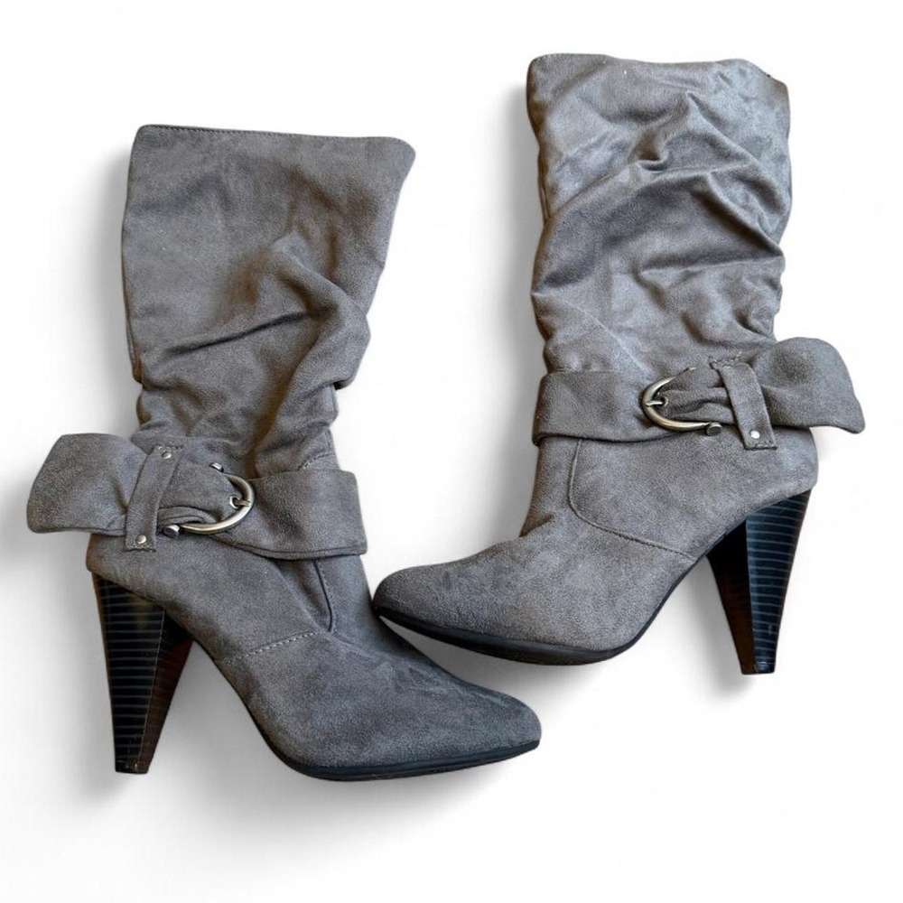 Apt. 9 Ophelia Grey Slouch Buckle Bow Mid Calf High Heel Boots Womens 7M